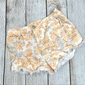 Sapphire Ink Distressed Peach Floral Jean Shorts
